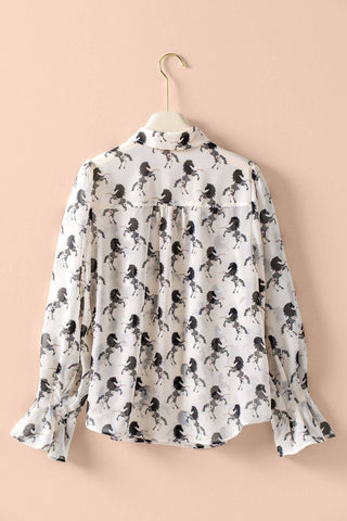 Western Horse Print Button Down Blouse Flared Cuff