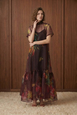 Botanical Print Sheer Overlay Tie-Neck Dress