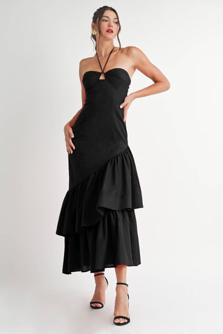 Ruffle Halter Maxi Linen Dress