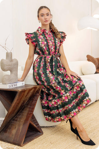 Ruffle Scallop Floral Garden Midi Dress