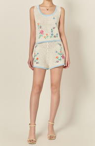 Flower Embroidery Crochet Shorts and Top Set