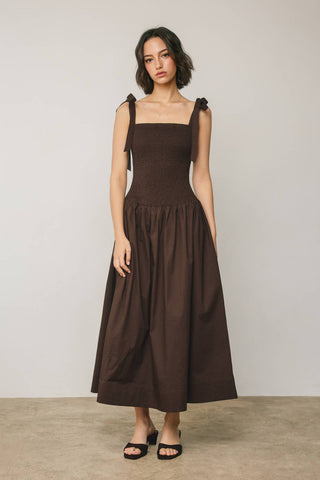 Tie Shoulder Navy Drop Waist Smocked Dress