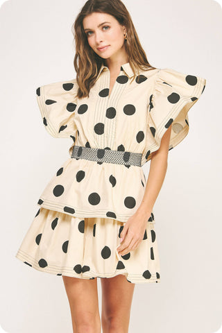 Top Stitch Statement Sleeve Polka Dot Mini Dress