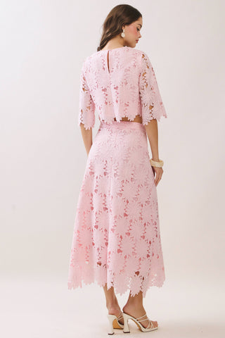 Floral Lace 2 Piece Set Scalloped Hem Top and Midi Skirt – side view – Into The Palms boutique