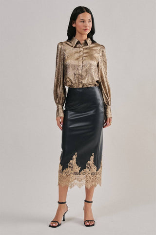 Grace Faux Leather Midi Skirt with Lace Hem – view 6 – Into The Palms