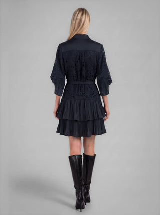 Lace Tiered Pleated Shirt Dress