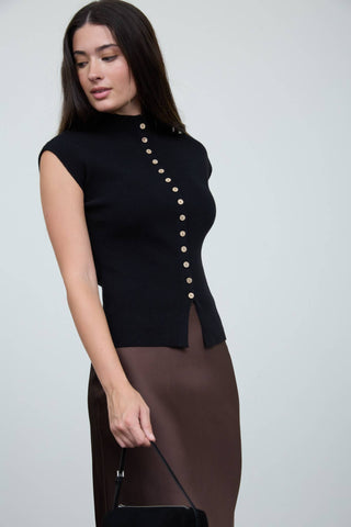 Audrey Button Knit Mock Neck Top