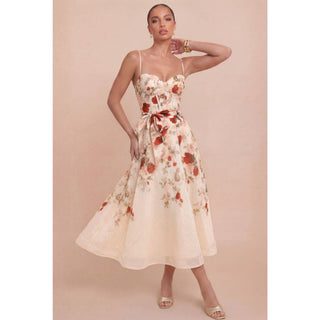 Rosalie Floral Corset Midi Dress - Ivory
