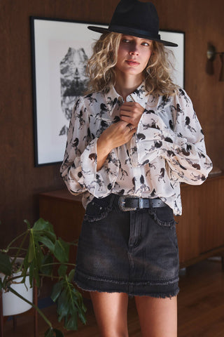 Western Horse Print Button Down Blouse Flared Cuff