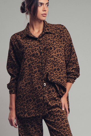 Midnight Night Safari Leopard Print Set–Oversized Button-Up Shirt & Relaxed Pants
