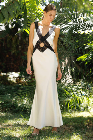 Isla Noir Satin and Lace Maxi Slip Dress