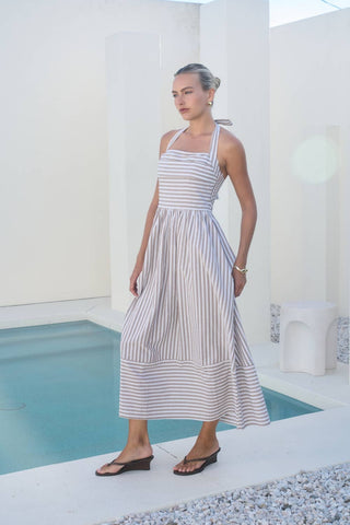 Taupe Stripe Halter Maxi Dress – halter neckline detail – Into The Palms boutique