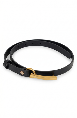 Slim Leather Belt with Bar Buckle and Minimal Gold Hardware