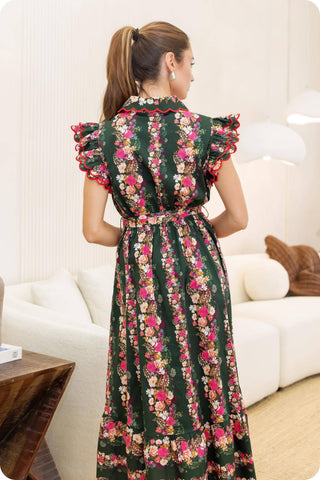 Ruffle Scallop Floral Garden Midi Dress