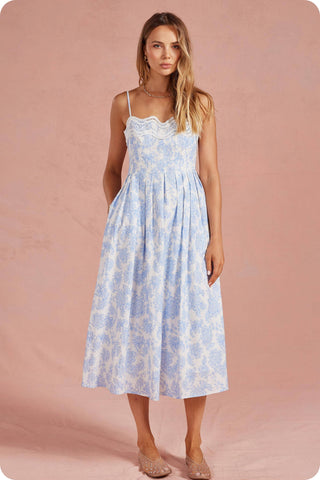 Botanical Garden Crochet Lace Pleat Midi Dress