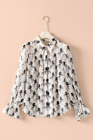 Western Horse Print Button Down Blouse Flared Cuff