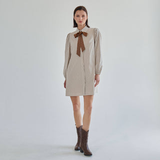 Marguerite striped bow shirt dress styled with brown ankle boots