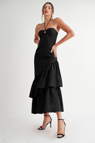 Ruffle Halter Maxi Linen Dress