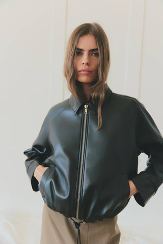 The Lizette Jacket | Pleather Drawstring Bomber Jacket