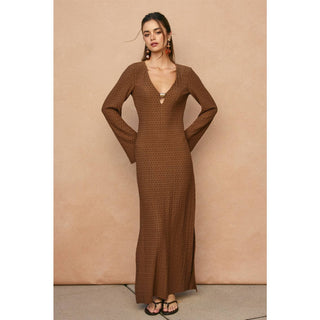 Ecru Escape Gold Trim Bell Sleeve Maxi Dress