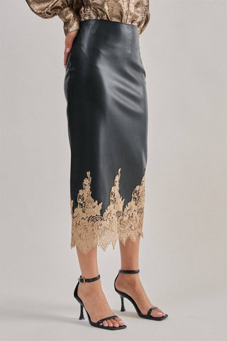 Grace Faux Leather Midi Skirt with Lace Hem – view 3 – Into The Palms