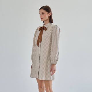 Side view of the Marguerite striped button-down shirt dress showing the mini length