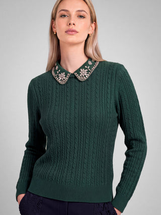 Embellished Collar Cable Knit Sweater