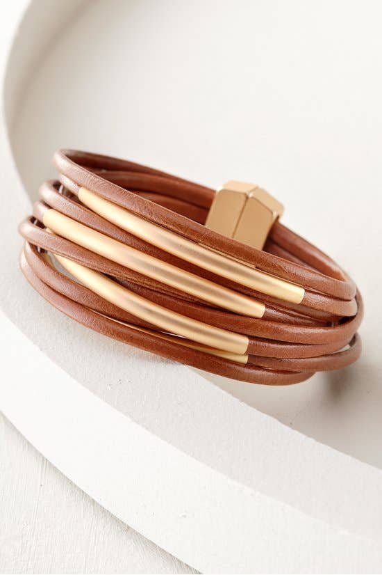 On The Rail Leather Gold Metal Plated Cuff Bracelet