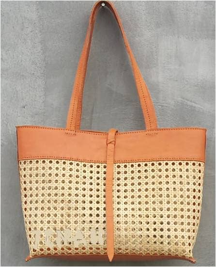 Quinn Rattan Cane Weave Tote with Leather Trim